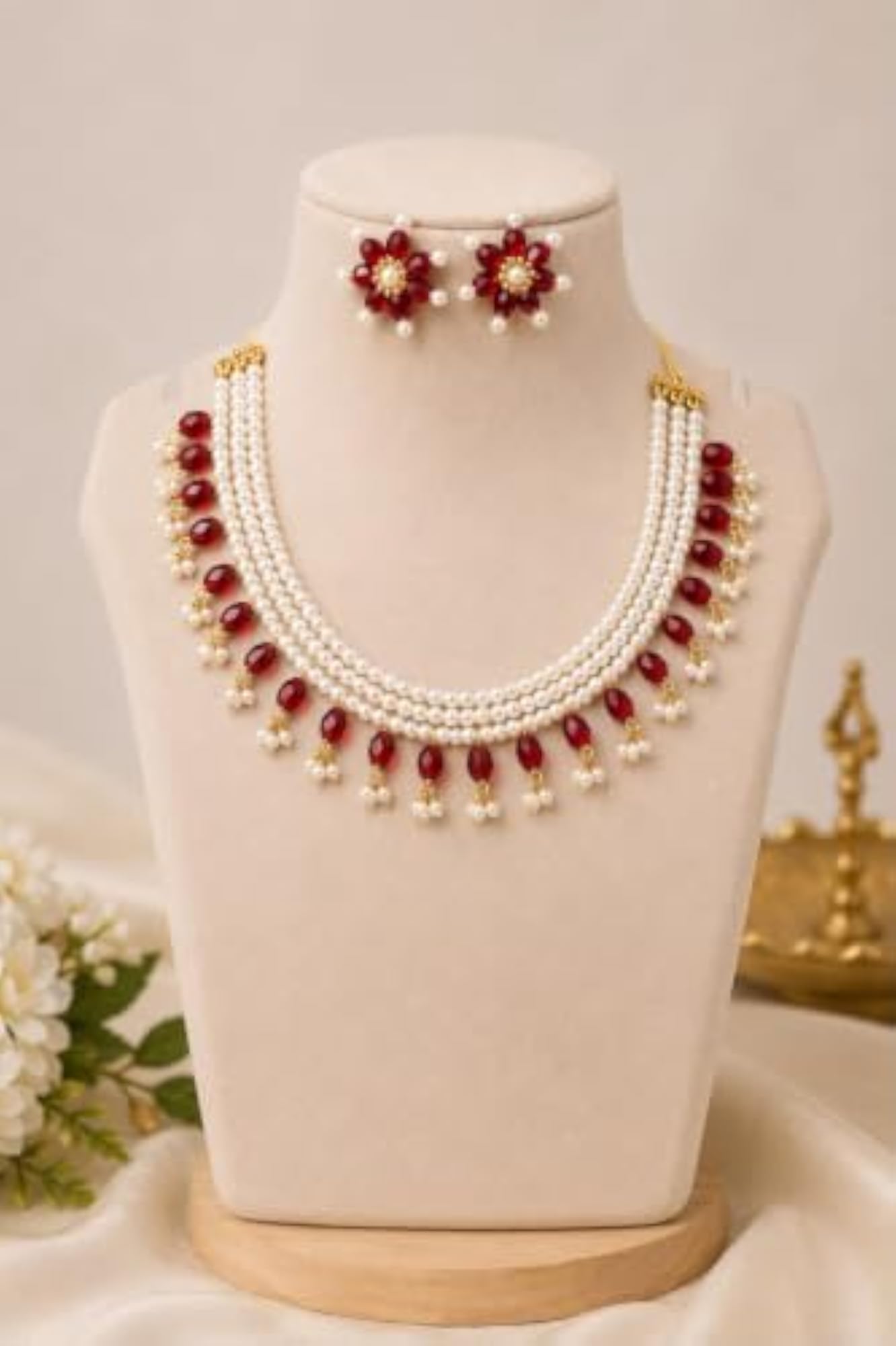 Multilayer Pearl & Red Crystal Necklace Set with Earrings